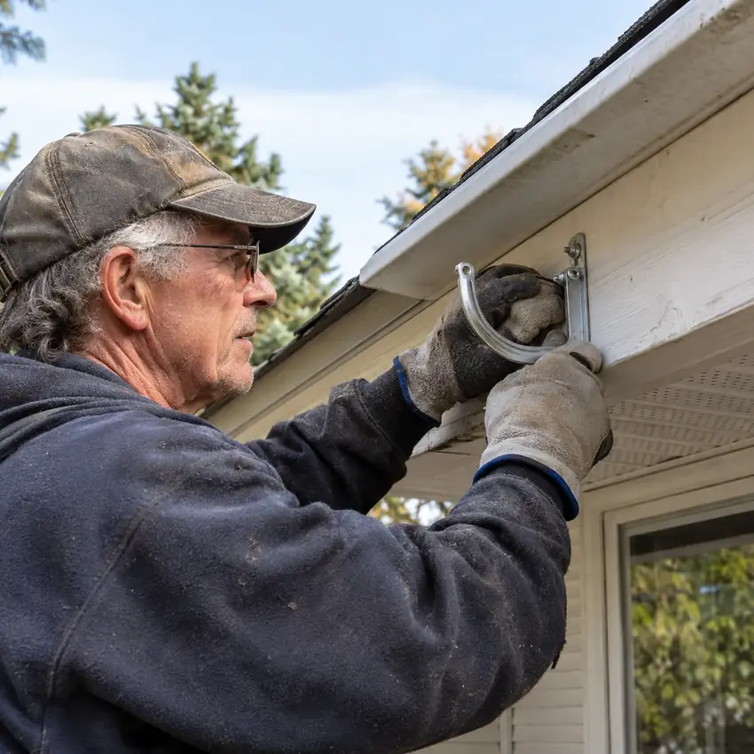 Craftsperson fitting a gutter bracket