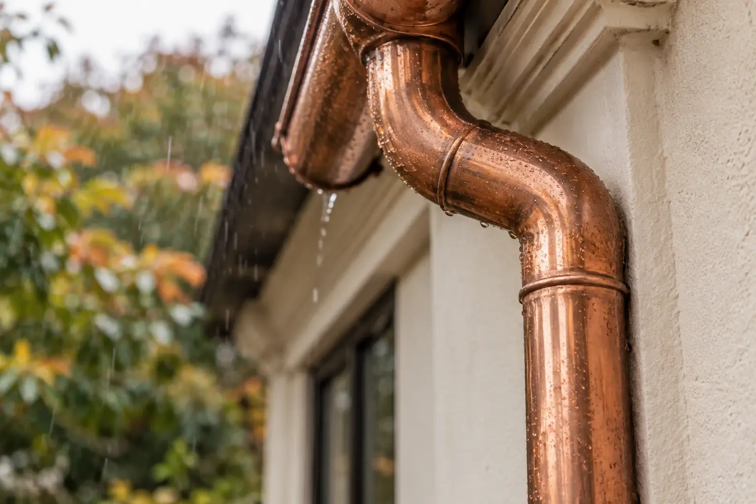 Copper gutter detail in rain