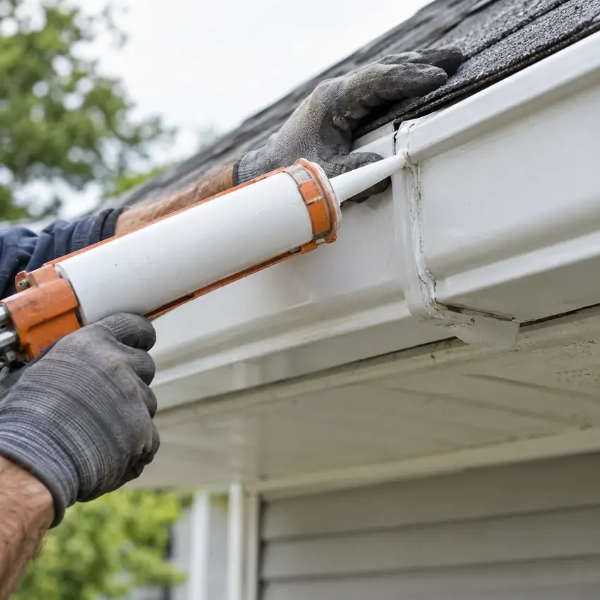 Gloved craftsperson sealing a gutter joint