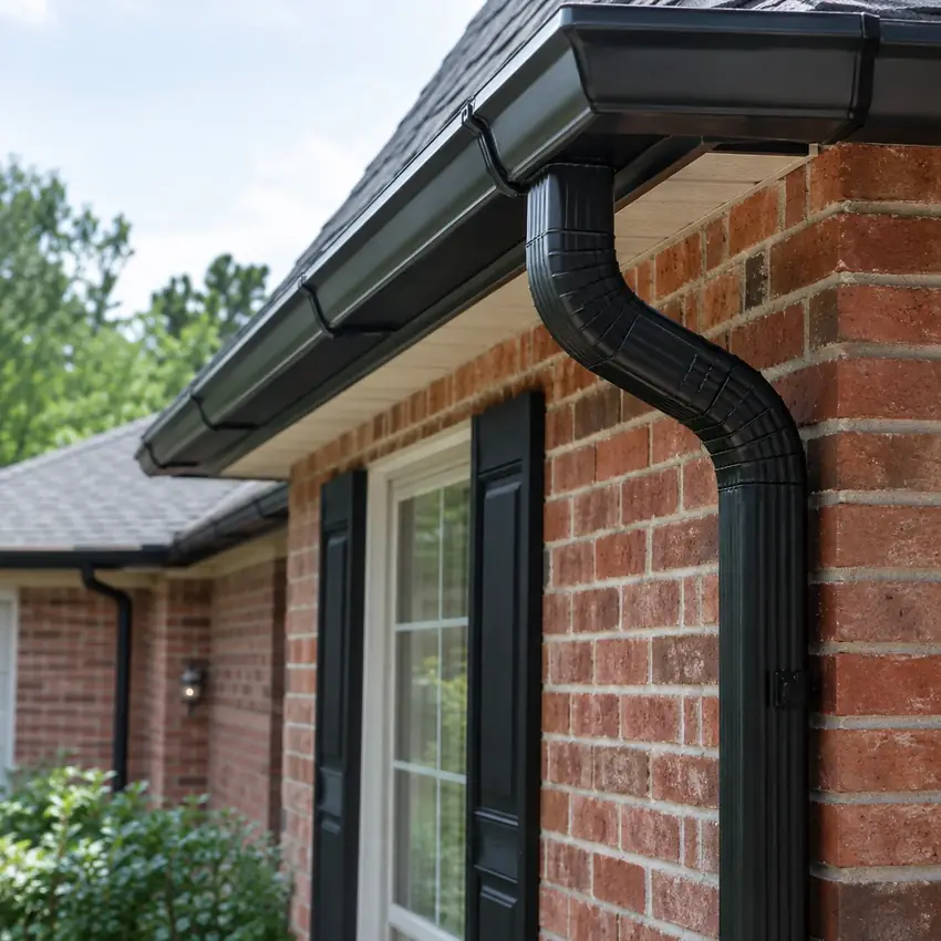 Dark gutter against a red brick facade