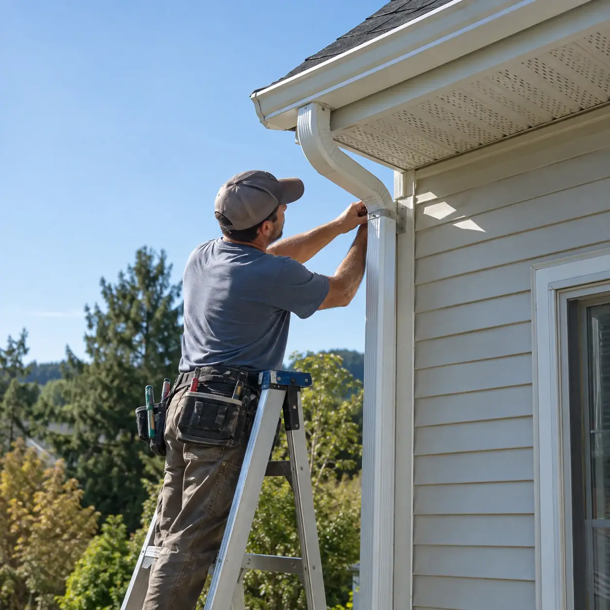 Gutter specialist working along the roofline