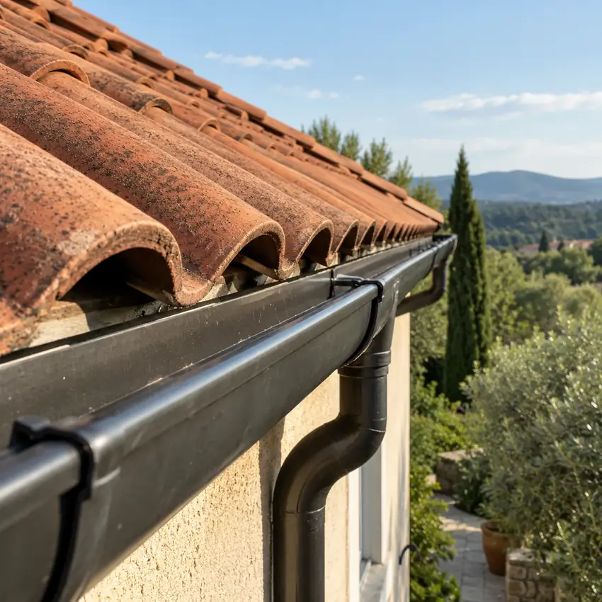 Gutter detail on a tiled house roof
