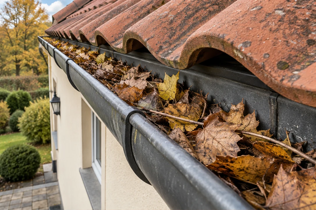 Gutter filled with leaves before clearance
